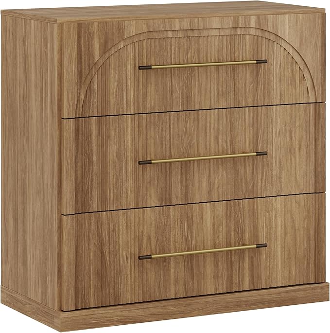 BELLEZE Set of 2 Fluted Modular Sideboard Cabinet, Classic Modern Buffet Cabinet with 3 Drawers, Accent Credenza Storage Cabinet for Dining Room Living Room Entryway (Camel)