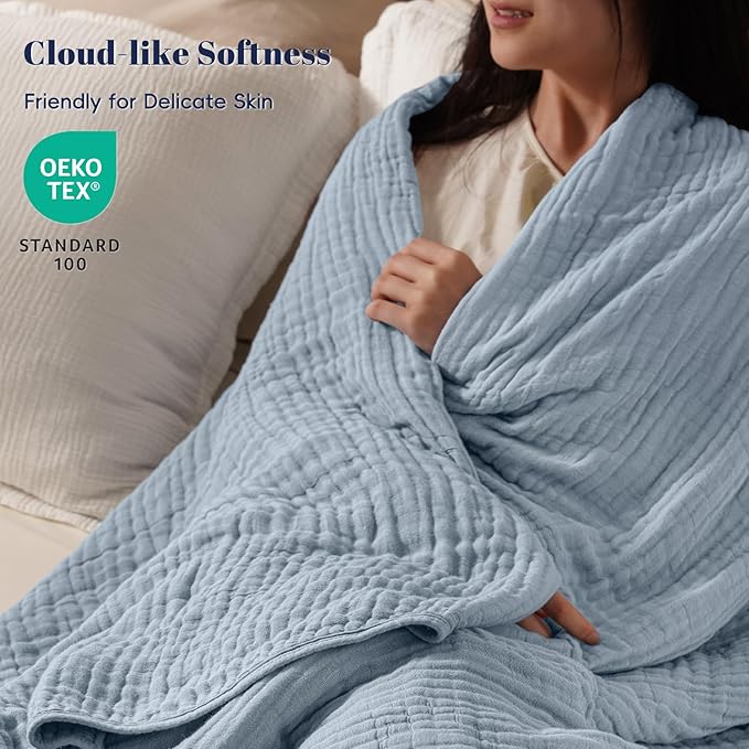 PHF Cooling Muslin Blanket Twin Size 60"x80", 6-Layer Lightweight Gauze Blanket Made from 35% Rayon Derived from Bamboo & 65% Cotton, Breathable & Ultra Soft Cozy, Aesthetic Home Decor, Dusty Blue