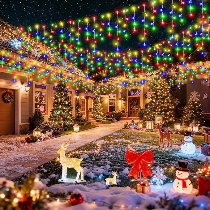 Hezbjiti Christmas Decorations Lights Outdoor, 400 LED 32.8 FT 8 Modes 75 Drops Fairy String Curtain Lights for Christmas Decor Eaves Window Party Yard Garden Indoor (Multicolor, 400LED 33FT)