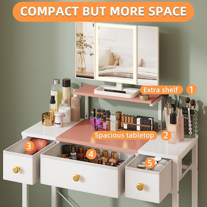 Small Makeup Vanity Desk 27.5''W with Mirror and Lights, Vanity Desk with 3 Fabric Drawers and Height-Adjustable Stand, Vanity Table for Girls Gifts, Bedroom and Small Spaces, White&Pink