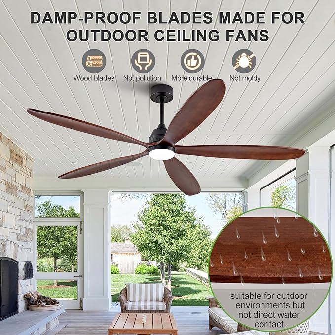 72 Inch Ceiling Fans with Lights and Remote Control, Large Outdoor Ceiling Fan with Light, Dimmable, High CFM, Wall Switch, Quiet 5 Blades Wood Ceiling Fan for Patio Gazebo Living Room