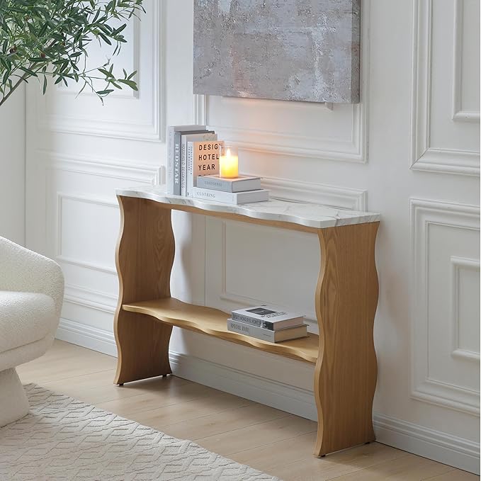 47-Inch Long Console Table, Marble Wooden Rectangular Sofa Table Behind The Couch, with Storage Shelf, Farmhouse Entryway Table for Entrance, Hallway, Living Room (Marble+Wood)