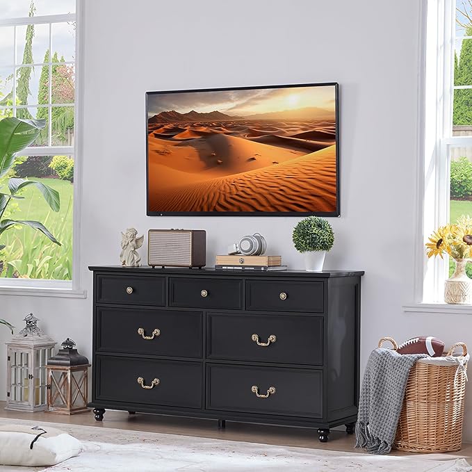 24" Wide Farmhouse Nightstand Set of 2, 37" Tall Rustic Chests of Drawers w/ 4 Solid Wood Feet, Farmhouse Furniture Series for Living Room,Bedroom,Black