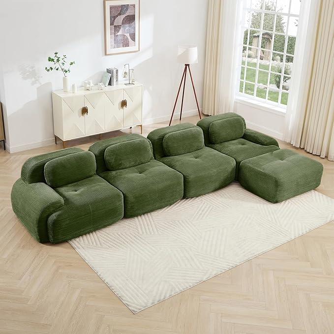 Green Ottoman for Modular Sectional Sofa, Corduroy Deep Seat for Oversized Compressed Boneless Sectional Couches for Living Room Bedroom Apartment, Cloud Sofa Couch Set, Memory Foam, No Assembly