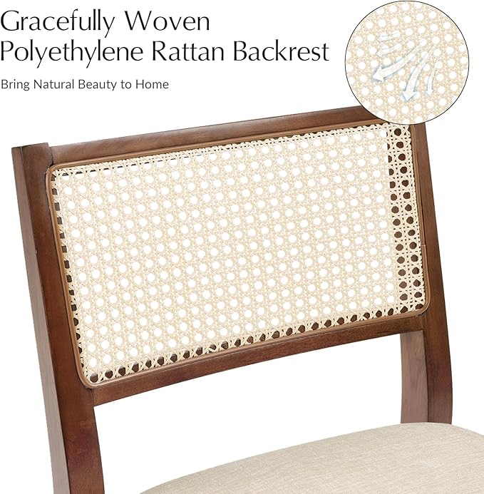 HULALA HOME Rattan Dining Chairs Set of 4, French Solid Wood Kitchen Dining Room Chairs with Curved Back, Upholstered Accent Dinner Cane Chair for Living Room Restaurant, Walnut