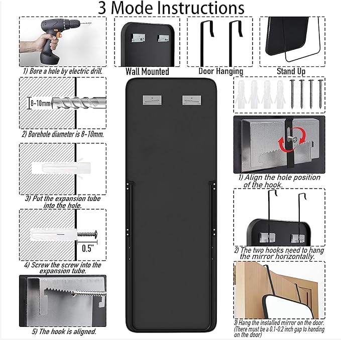57x20 Door Hanging Full Length Mirror, Floor Stand (Height 5.7ft just Body in1.3ft) Wall Mounted Metal Frame Rectangle Dressing Mirrors for Bedroom Living Room 57 inch Black