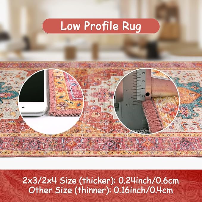 Moynesa Ultra-Thin Washable Rug - 2'6" x 10' Pink Long Hallway Carpet, Vintage Non Skid Non Shedding Low Pile Bedroom Mat for Girl's Room, Bathroom, Kitchen