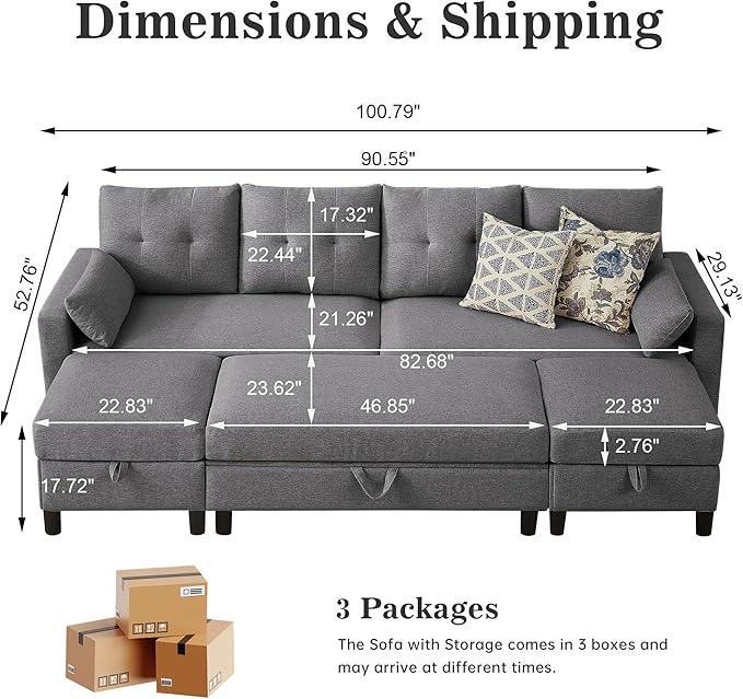 101" Convertible Sectional Sofa with Ottoman Coffee Table, Modern Linen Fabric U-Shaped Couch with Storage Pocket, 4 Seat Sofa Couches for Living Room, Apartment, Office, LightGrey