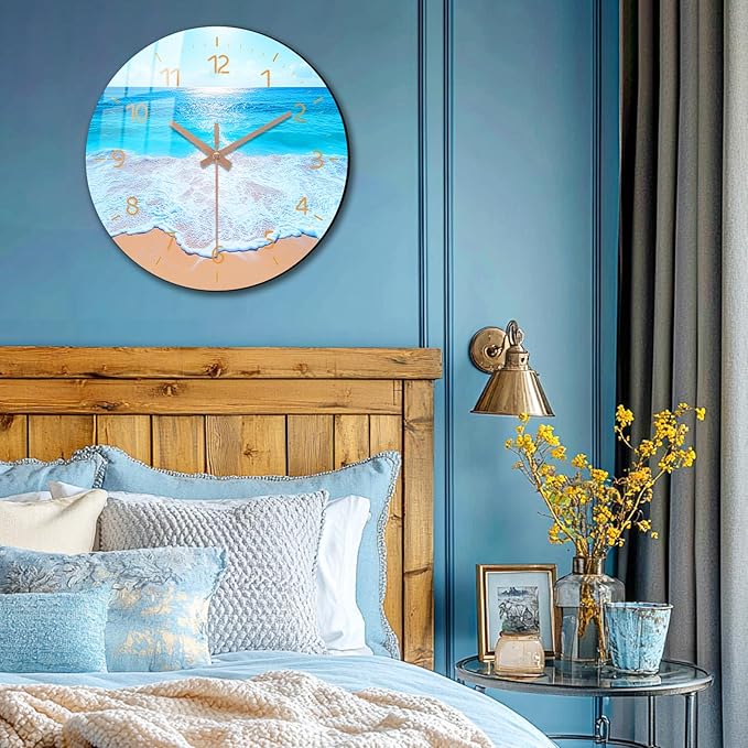 Oversized Coast Wall-Clock 24 inch Blue Beach Silent Clocks Battery Operated Wooden Round Wall Clock for Kitchen, Office, Living Room Wall Decor