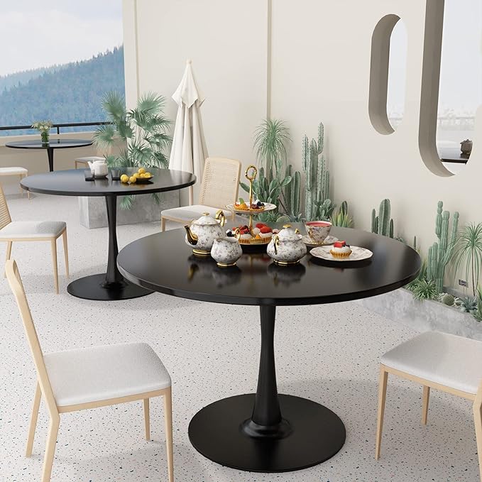 DKLGG Black Round Dining Table, 42.1" Tulip Table Kitchen Dining Table 4-6 People with MDF Top & Pedestal Base, Mid-Century End Leisure Coffee Office Living Room Table
