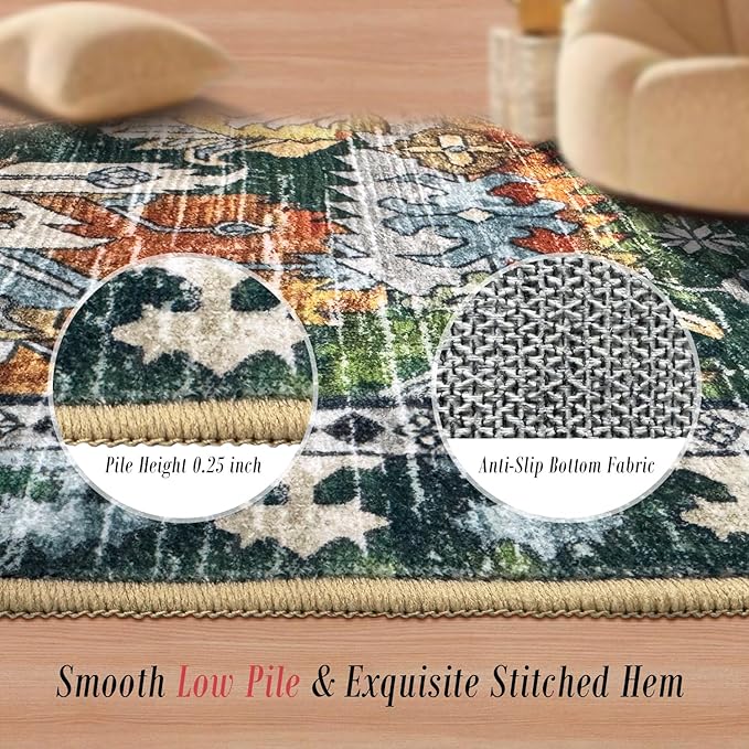 RUGSURE Washable Area Rugs - Perfect for Living Room, Bedroom, Kids Room, Nursery - Stain & Water Resistant Non-Slip, Pet & Child Friendly, Vintage Tribal Area Rugs (Green, 6' x 9')