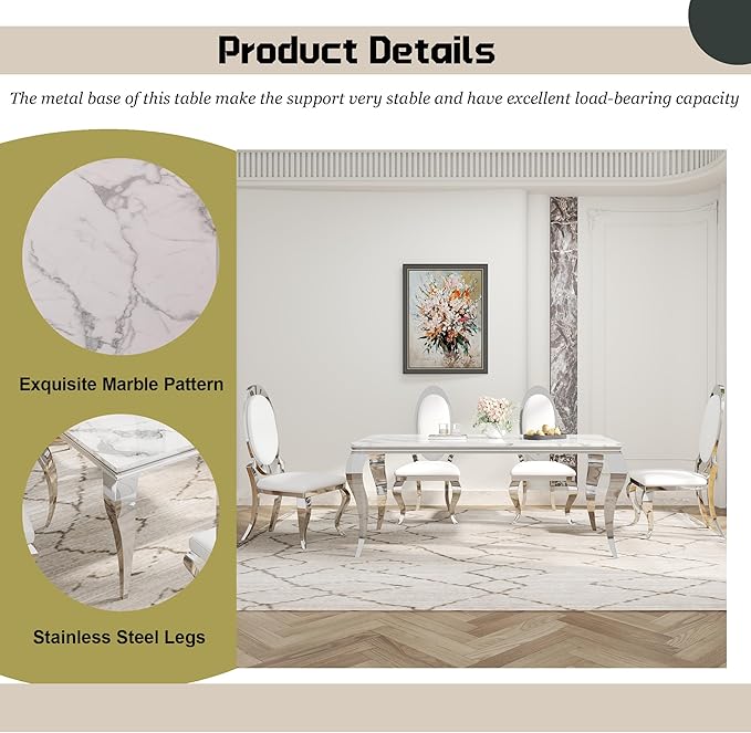 7-Piece Dining Table Set for 6, Faux Marble Modern Dining Table Set with 6 Big Oval Backrest Chairs, 70“ Stainless Steel Legs Table & Chair Set for Kitchen, Dining Room, White & Silver