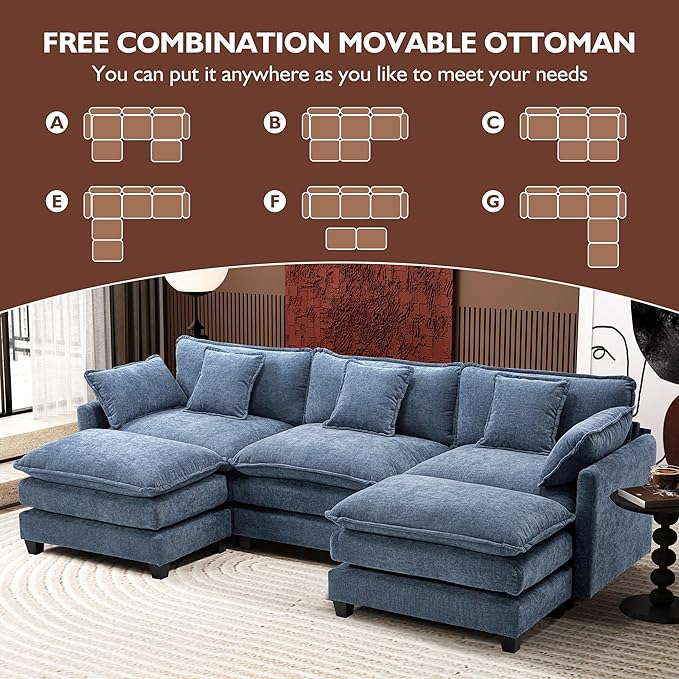Ihanherry 111.4" U Shaped Modern Sofa Modular Sectional Cloud Couch with 2 Ottoman, 5-Seat Chenille Deep Seat Sofa with Pillow for Living Room, Bedroom and Apartment, Blue