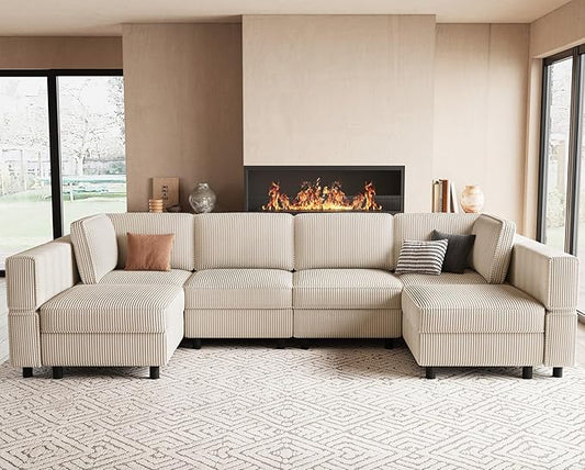 114.2" U Shaped Sectional Sofa,6 Seat Corduroy Couch,Comfy Modular Sectional Sofa with Storage Movable Ottoman Chaise,Upholstered Sectional Couches for Living Room,Beige