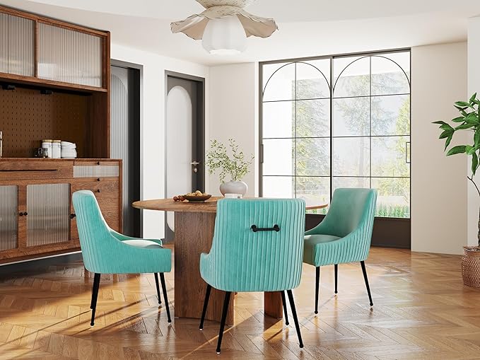 Velvet Dining Chairs Set of 6,Green Upholstered Living Room Chairs with Black Metal Legs, Modern Tufted Accent Chairs for Living Room, Study Room, Kitchen