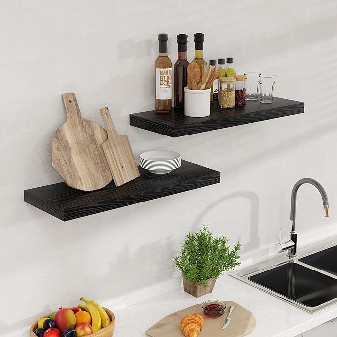 Fun Memories Floating Shelves for Wall, 24 x 9.3 Floating Shelf Wall-Mounted, Rustic Wood Bathroom Shelf Set of 2, Deep Bookshelf Storge Shelves for Living Room, Bedroom, Farmhouse, Black Color