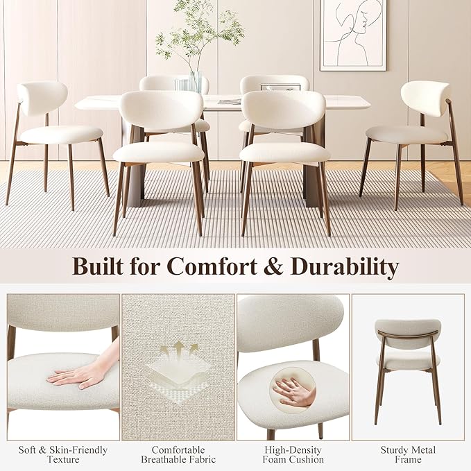 Dining Chairs Set of 6, Upholstered Dining Room Chairs with Metal Legs and Anti Slip Pads, Curved Back Kitchen Chair for Home and Restaurant Use, Beige