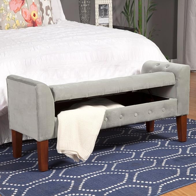 HomePop Velvet Tufted Storage Bench Settee with Hinged Lid, Grey