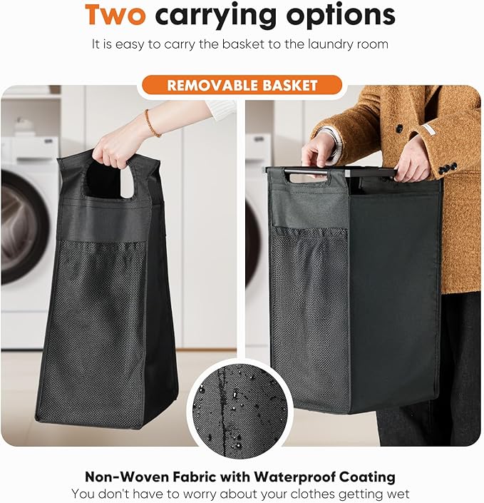 Sweetcrispy Laundry Hamper with 3 Pull-Out Removable Sorter Bags, Movable Wheels, Freestanding Clothes Basket Organizer in Bathroom, 3 × 10.6 Gal (120L) Capacity, Rustic Brown and Black