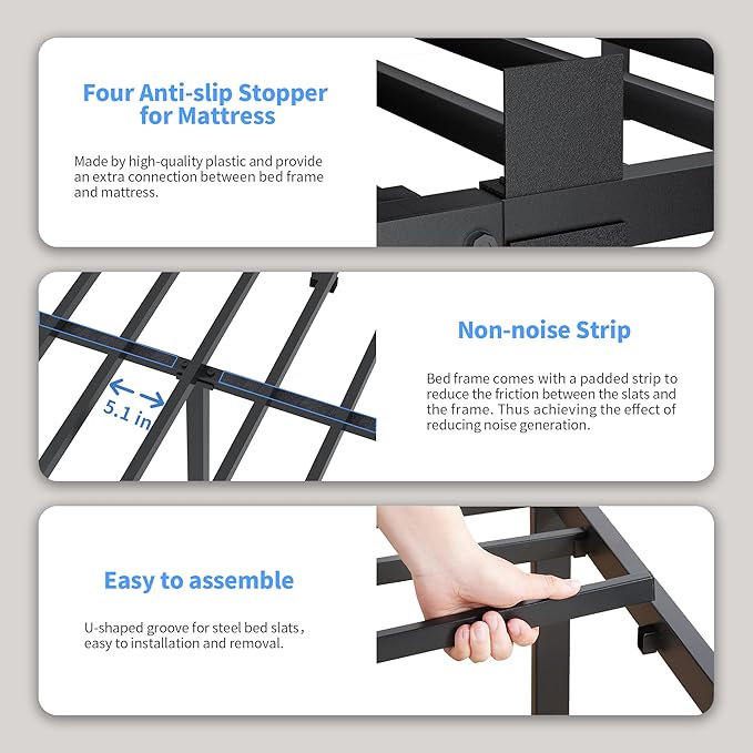 ROIL 18 Inch Twin XL Bed Frame with Rounded Corner and Headboard Hole Mattress Retainers 3500LBS Metal Heavy Duty Steel Slats No Box Spring Needed Platform Noise-Free Easy Assembly