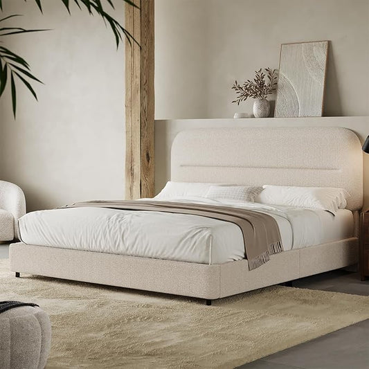 HOMBCK Queen Bed Frame with Headboard, Boucle Upholstered Soft Platform Bed Frame with Thickened Footboard, Rounded Corners Design, No Box Spring Required, Easy Assembly, Cream