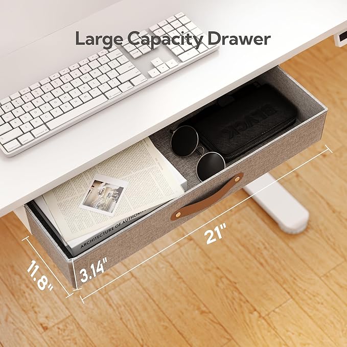 Seang Standing Desk with Drawer, 55" x 24" Height Adjustable Stand Up Desk, 3 Memory Height Settings with Cable Grommets & Storage Hooks, Ideal for Home & Office, White