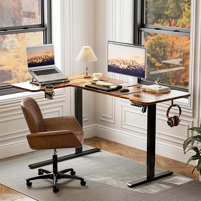 59 Inch L Shaped Standing Desk Adjustable Height, Electric Corner Standing Desk, Sit Stand Computer Table with Reversible Splice Board, Rustic Brown