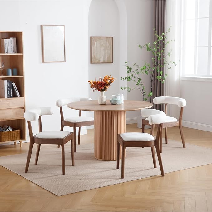Kmax Dining Room Chairs Mid-Century Modern Fabric Kitchen Chairs with Natural Walnut Finished Frame, Linen Curved Back, Set of 6, White