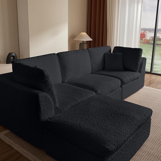 Cilee 110" Modular Sectional Sofa, Cloud Couch with Deep Seat, L-Shape Boneless Sofa, 3 Seat Memory Foam Sofa, No Assembly Required, Upholstered Couch for Living Room, Movable Ottoman, Chenille, Black
