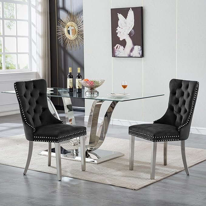70" Modern Silver Glass Dining Table Set for 6, 7-Piece Rectangle Kitchen Dining Room Table Set with Steel Base & 6 Black Velvet Upholstered Chairs, Modern Glass Kitchen Table and Chairs Set of 6