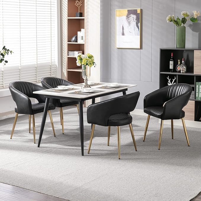 Modern Dining Chairs Set of 8, Upholstered PU Leather Gold Dining Room Chairs with Hollow Back, Accent Armrest Kitchen Chairs with Gold Legs for Living Room Black