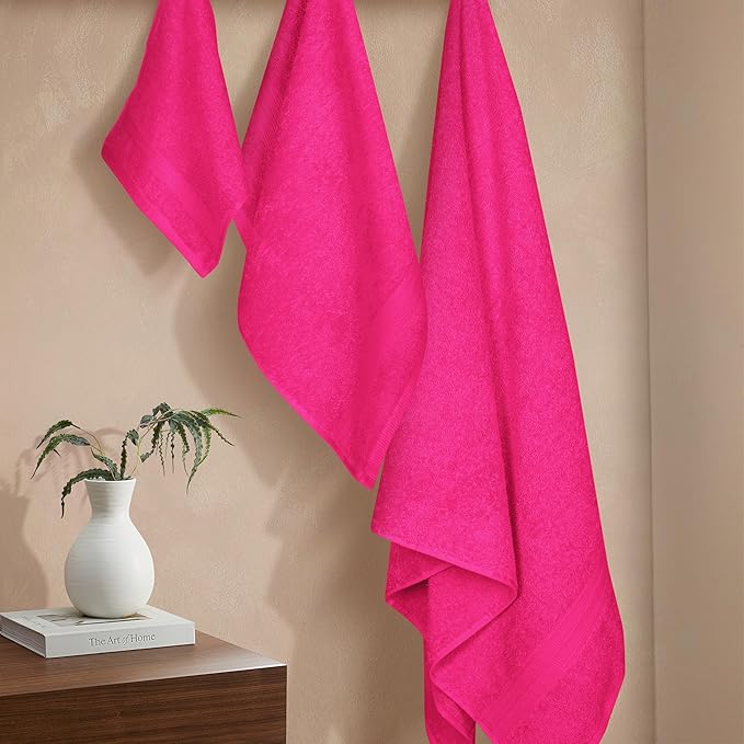 BOUTIQUO Ultra Soft 3 Pack Cotton Towel Set, Contains a Bath Towels 27x54 inch, a Hand Towels 16x24 inch & a Wash Coths 12x12 inch, Ideal Everyday use, Compact & Lightweight - Hot Pink