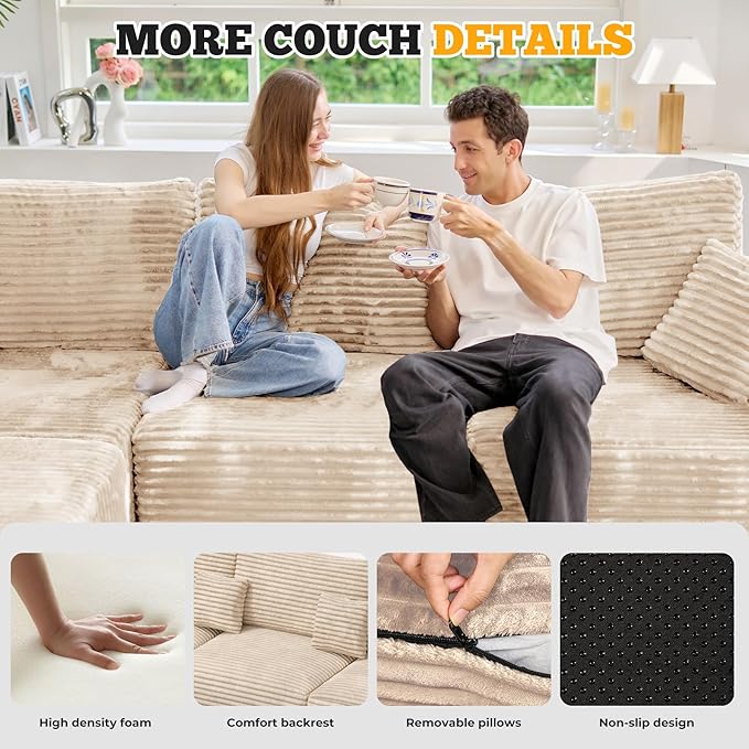 113" Modular Sectional Sofa Bed, Convertible Cloud Couches for Living Room with Ottoman, 6 Seater Corduroy Boneless Couch Sleeper Sofa Set, No Assembly Required, Khaki 1 PCS