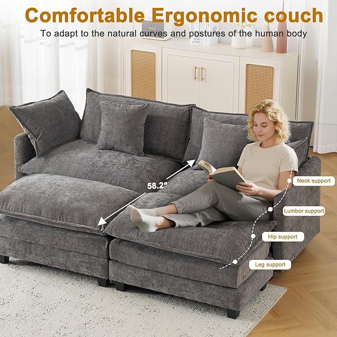 77" Cloud Chenille Sectional Sofa with 2 Ottoman｜Modular Couch with 29.1" Deep Seat｜FSC Solid Wood Frame｜Easy Assembly & 1YR Guarantee｜for Apartment Living Room (Grey, 77 Inch（U）)
