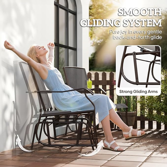 Outsunny Outdoor Glider Chairs with Coffee Table, Patio 2-Seat Rocking Chair Swing Loveseat with Breathable Sling for Backyard, Garden, and Porch, Gray
