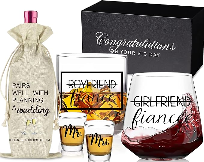 Fiancé Christmas Engagement Gifts for Couples - Stemless Engagement Wine & Whiskey Glasses for Newly Engaged Couples, Mr and Mrs, Wedding Planning Wine Bag