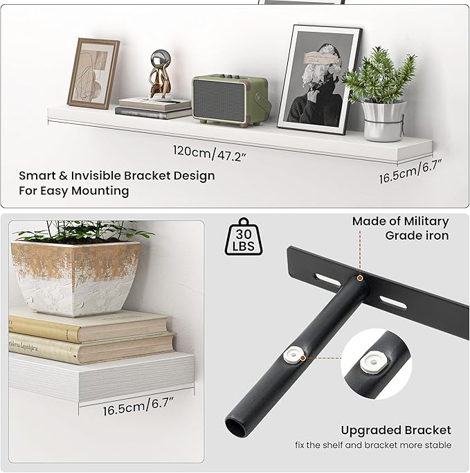 Heimlove 48 Inch Floating Shelves for Wall,Extra Long Wood Shelves Mounted Storage Hanging Shelf Invisible Bracket for Bedroom,Living Room,Kitchen,Office,Set of 2,White