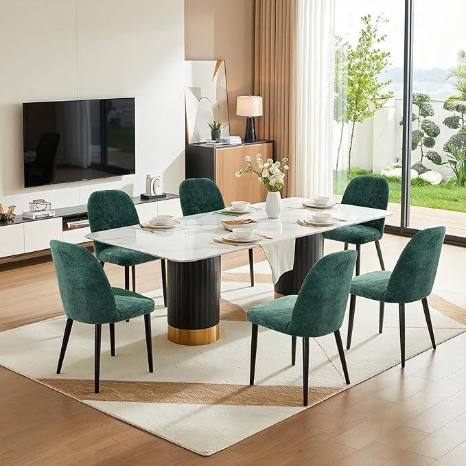 Upholstered Dining Chairs Set of 6, Mid Century Modern Fabric Dining Room Chair High-Back Padded Kitchen Chairs with Padded Seat and Metal Legs for Kitchen Dining Room Restaurant Cafe, Green