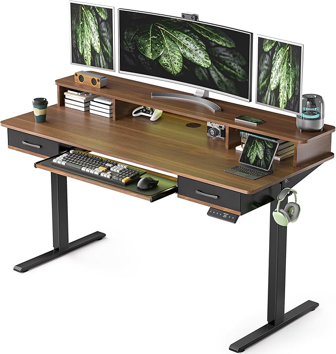 55 Inches Electric Standing Desk with Keyboard Tray, Height Adjustable Sit to Stand Table with 2 Drawers, Ergonomic Home Office Desk with Storage Shelf, Computer Table, Black Walnut