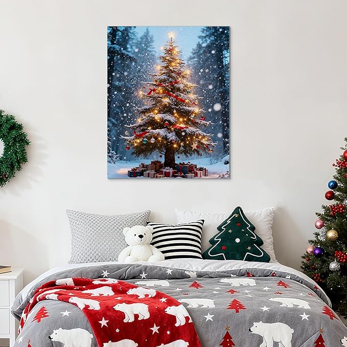 Framed Christmas Pictures Wall Decor,Vintage Pine Tree Prints,Winter Christmas Canvas Wall Art Decoration for Bedroom Bathroom Living Room Rustic Xmas Holiday Gifts (Christmas Tree 16, 16'' X 24'')