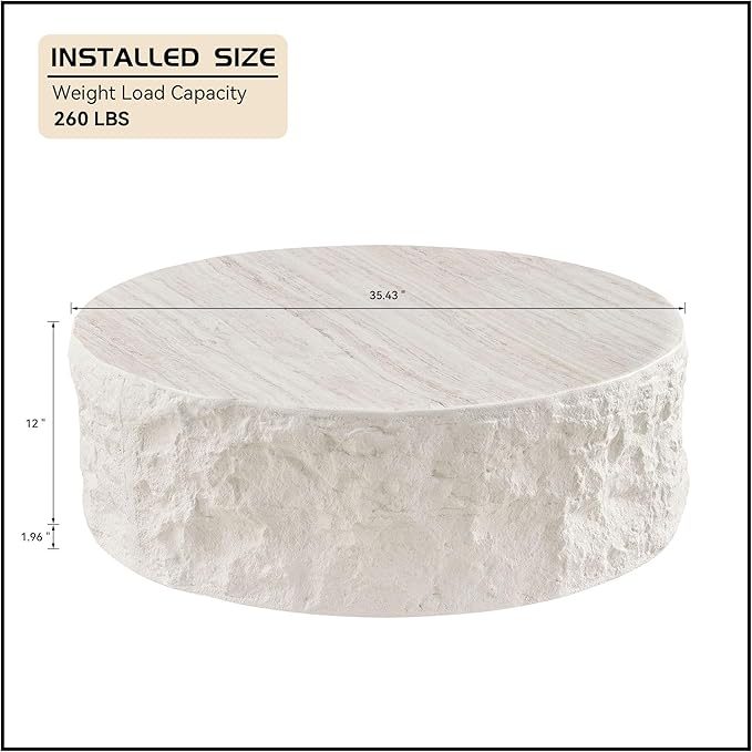 Round Coffee Table, 35.43" Fiberglass Imitation Stone Accent Table for Living Room, Bedroom, Apartment & Office, Beige, No Need Assembly