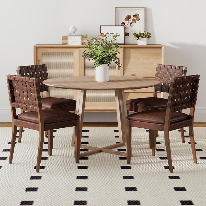 Woven Faux Leather Dining Chairs Set of 2, Farmhouse Upholstered Kitchen Chairs with Wooden Legs Armless Accent Side Chairs for Dining Room/Restaurant, Brown