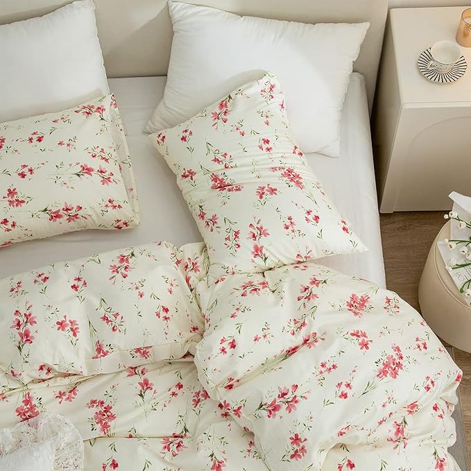 Queen Floral Comforter Set Soft Cute Floral Bedding Comforter Sets Garden Style Red Flower Print Botanical Flowers Comforter Set for All Seasons 1 Comforter and 2 Pillowcases