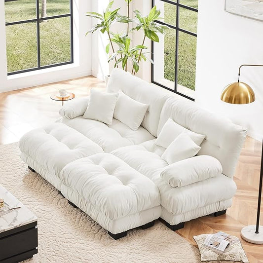 94.4" Loveseat Sofa, 2 Seater Modular Sectional Sofa, White Large Sectional Couches, Fluffy Chenille Cloud Couch with Ottoman, Deep Seat for Living Room, U Shaped