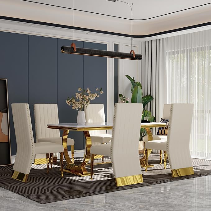 White and Gold Dining Chairs, White Faux Leather Upholstered Dining Chair Set of 4, Glam Nailhead Trim Dining Chairs with Gold Legs