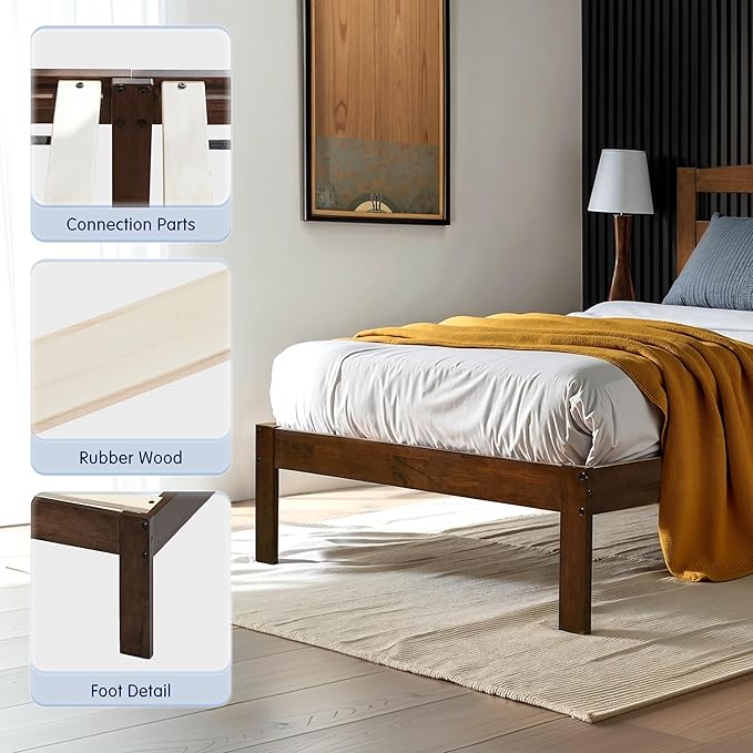 Hokway Wood Full Bed Frame with Headboard-No Wobble,Noise-Free,Easy Assembly with Precise Holes,12 in Reinforced Center Legs,No Box Spring Needed,Walnut