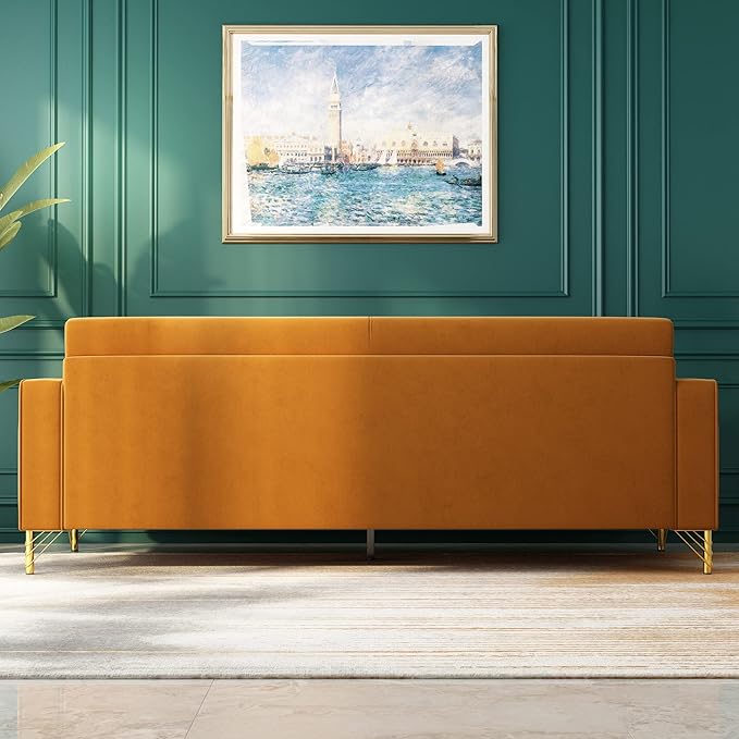2PCS 85.63" Orange Velvet Sofa,Modern Loveseat Couch with Pillows Set of 2 for Living Room,Bedroom,Apartment Furniture with Gold Metal Legs