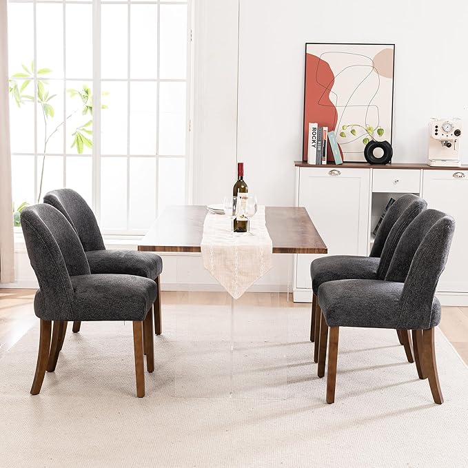 VKNOW Wooden Dining Chairs Set of 4, Modern Fabric Upholstered Dining Room Chair Kitchen Chairs, Farmhouse Dinner Chair for Kitchen Dining Room, Charcoal