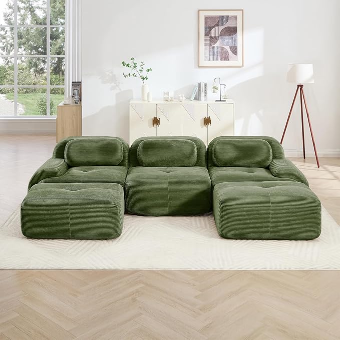 116" Modern Corduroy Cloud Sofa with Ottoman, U Shaped Boneless Modular Large Sectional Couches for Living Room, Green 3 Seater Compressed Memory Foam Couch, Extra Deep Seat, No Assembly
