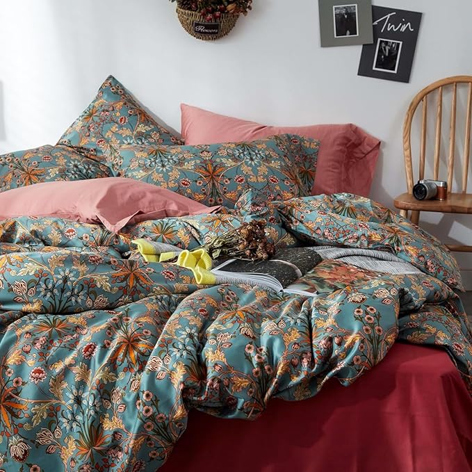 LifeTB Vintage Floral Bohemia Duvet Cover Twin XL Boho Floral Bedding Set Luxury Soft Long Staple Cotton Comforter Cover Vibrant Flower Pattern Duvet Cover with Zipper Closure Farmhouse Bedding Set